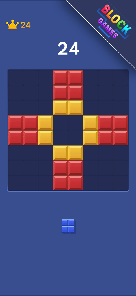 Block Blast - Super Block Game - 블록 블라스트 슈퍼 블록 게임의 게임 플레이 화면으로, 격자 위에 빨간색과 노란색 블록의 십자 패턴을 보여줌.