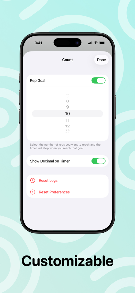 Customizable count settings screen in the DDK assessment app showing rep goal and timer options