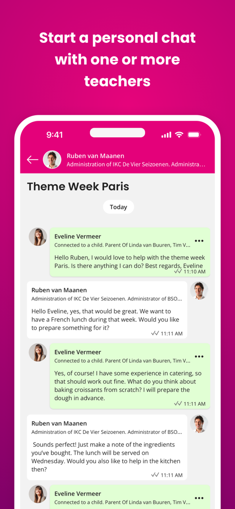 Ziber Kwieb - Interface of the Ziber Kwieb app showing a direct chat between a parent and a teacher about school activities.