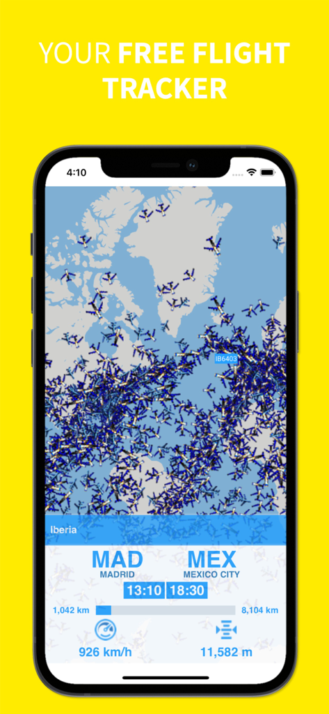 Flight Navigation - Bildschirm der Flugnavigations-App, der die Echtzeit-Flugzeugverfolgung auf einer Weltkarte und Flugdetails anzeigt