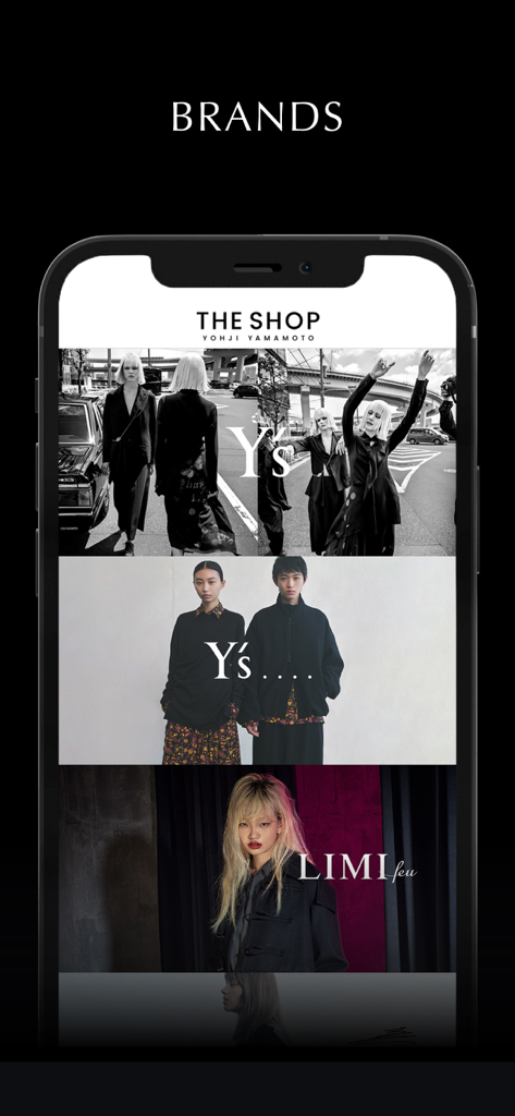 THE SHOP YOHJI YAMAMOTO - Brands navigation screen in the Yohji Yamamoto app showcasing Ys and LIMI feu collections with avant-garde photography