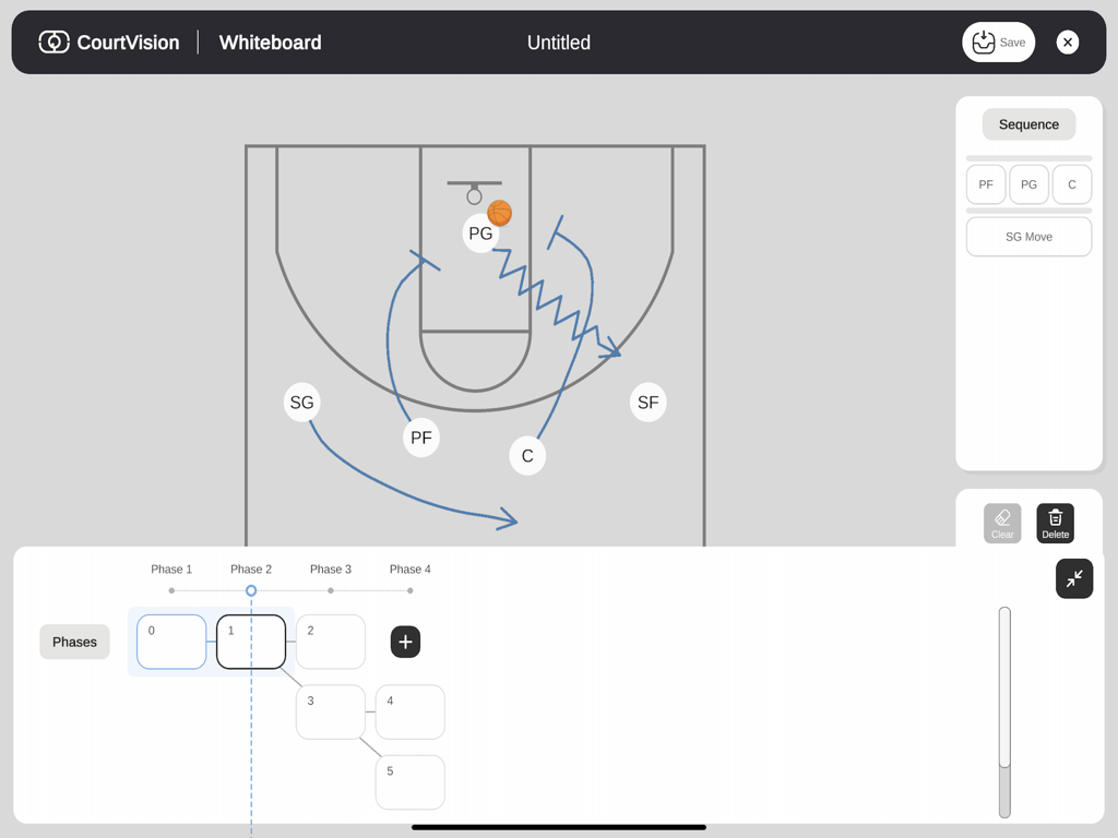 CourtVisions - Basketball tactical whiteboard interface showing play phases and player movements on a half-court