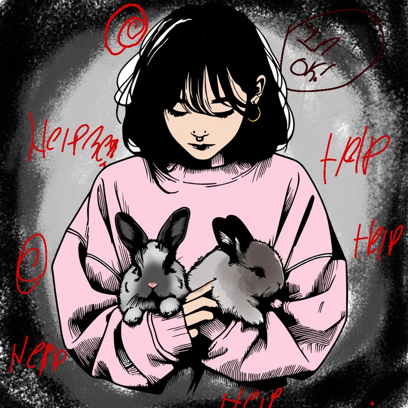 realistic girl with messy bunny baggy sweatshirt and holding bunnies