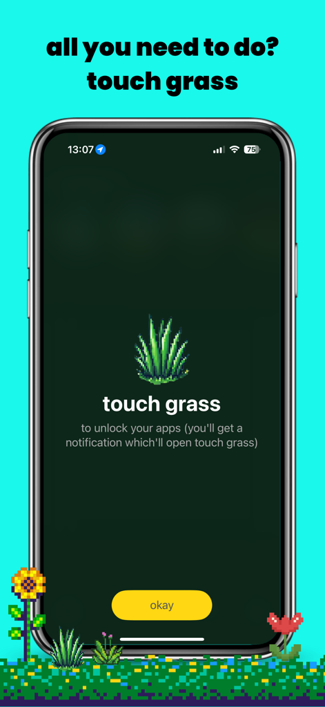 touch grass: screen time limit - The Touch Grass app interface on a smartphone screen requiring users to touch grass to unlock their apps.