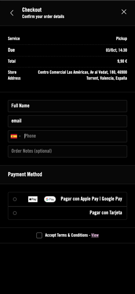 The Fitzgerald App - Order checkout screen in The Fitzgerald App with details and payment options