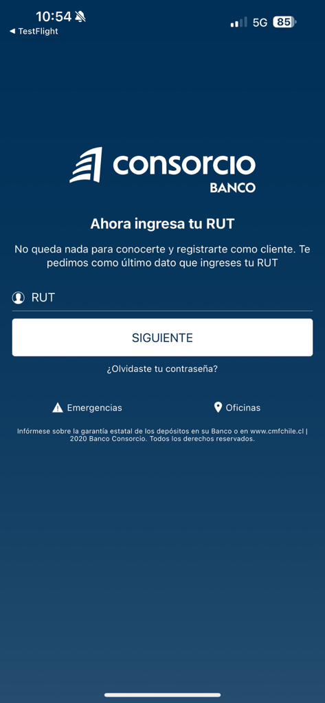 Banco Consorcio - Pantalla de inicio de sesión de la aplicación Banco Consorcio donde se pide a los usuarios que ingresen su número de identificación RUT
