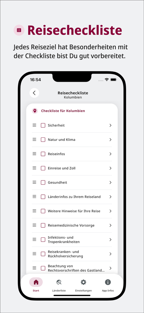 Smartphone che visualizza la funzione checklist di viaggio nell'app Sicher Reisen