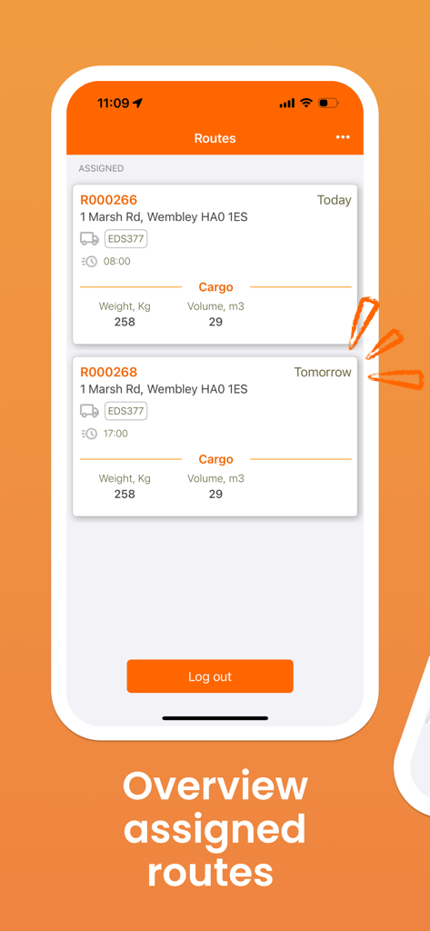Capture d'écran de l'application Track-POD affichant une liste d'itinéraires de livraison attribués avec les détails du poids et du volume du fret