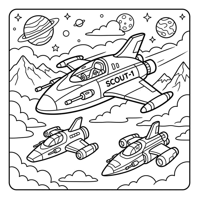 Ignite your child's imagination with this thrilling scout ship coloring page! Perfect for young space explorers, it features fast vessels soaring through a cosmic landscape filled with planets and stars.