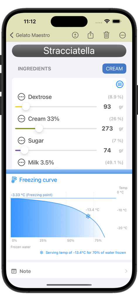 Gelato Maestro Pro: Recipe - Interfaccia dell'app Gelato Maestro Pro con ingredienti Stracciatella e analisi della curva di congelamento