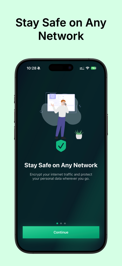 Une capture d'écran de l'interface de l'application VPN Super Unlimited Proxy affichant la fonctionnalité rester en sécurité sur n'importe quel réseau avec une icône de coche verte.