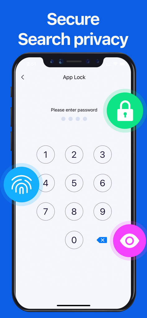 QR Code Reader - No Ads - Capture d'écran de l'application Lecteur de codes QR montrant un écran de verrouillage d'application sécurisé avec un clavier numérique pour la saisie du mot de passe et des icônes de sécurité biométriques.