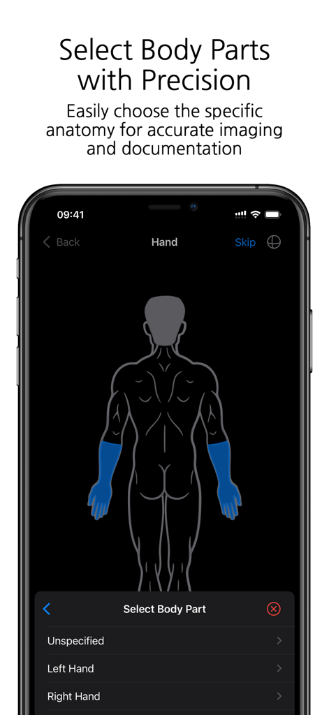 DICOM Camera - Interface of the DICOM Camera app showing a human body diagram for anatomy selection.