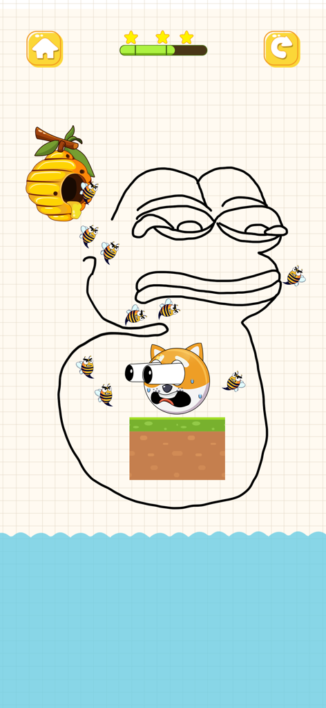 Save The Doge: Rescue Dog Game - A hand drawn line protecting a dog character from attacking bees in a rescue puzzle game