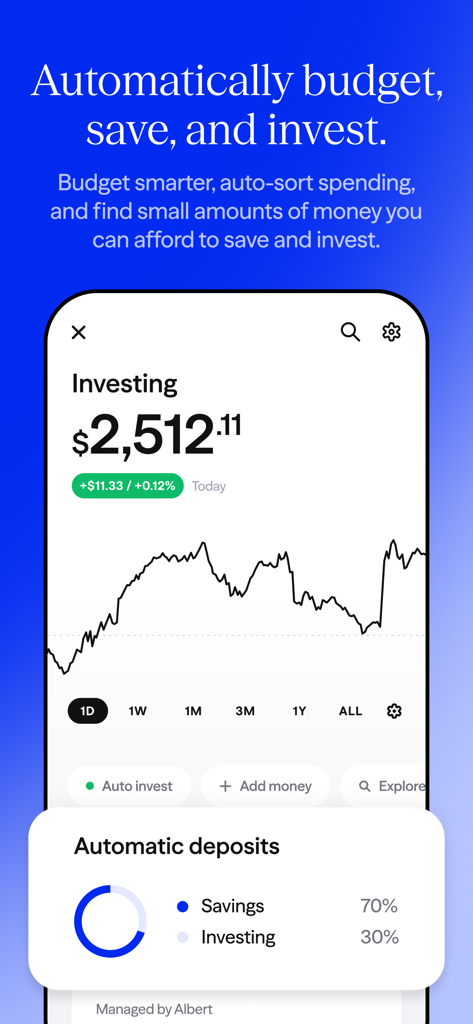 Interfaccia dell'app Albert che mostra una dashboard di investimento con un saldo superiore a duemila dollari, un grafico delle prestazioni e una ripartizione dei depositi automatici in risparmi e investimenti