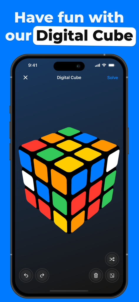 iPhone screen showing a 3D digital Rubiks cube puzzle