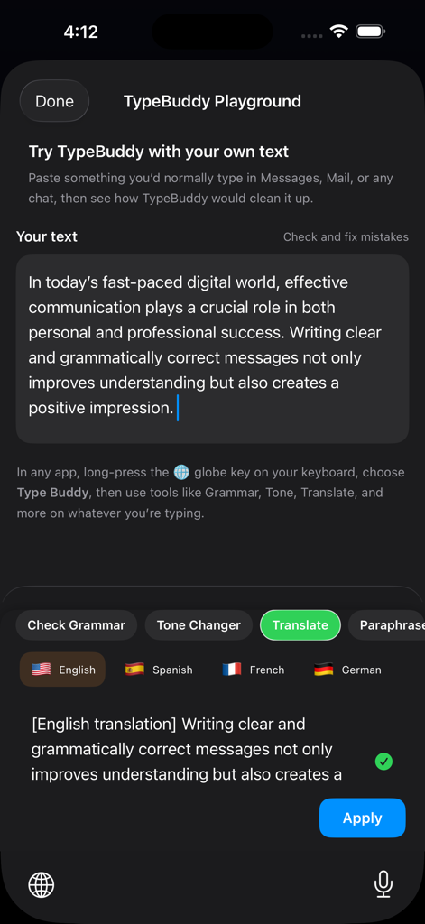 AI Keyboard Type: Type Buddy - Type Buddy AI keyboard playground interface showing text translation and grammar check options
