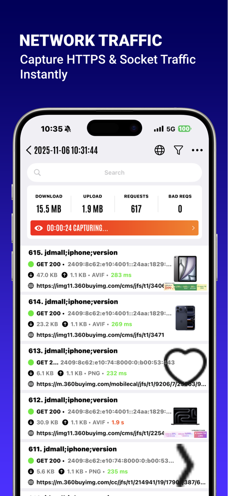 Real time network traffic monitoring and HTTPS request capture on an iPhone using Network Sniffer