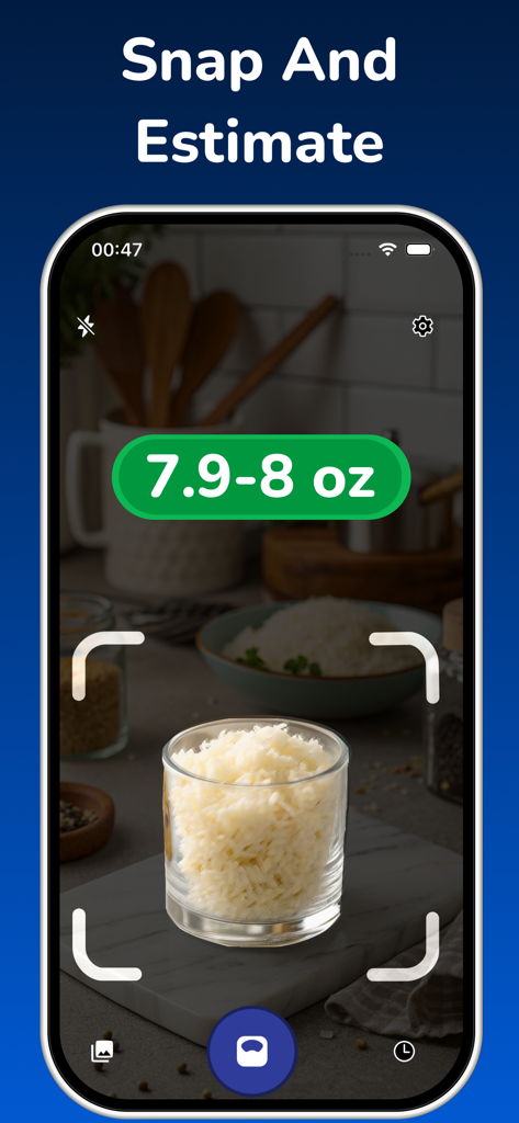 Scale For Grams - AI Estimate - Interfaz de la aplicación Scale For Grams que muestra la estimación de peso por IA de un vaso de arroz
