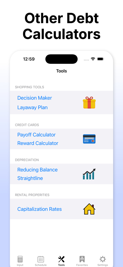 Interface showing additional finance tools including credit card payoff and rental property calculators