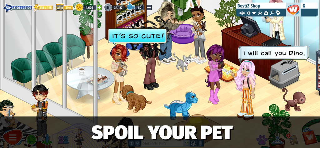 Avatars interacting with virtual pets in a social metaverse pet store.