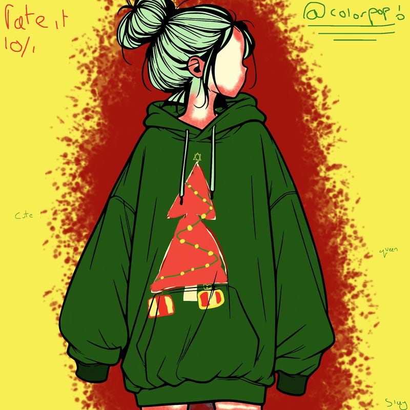 realistic girl with a oversized sweatshirt on and a bun