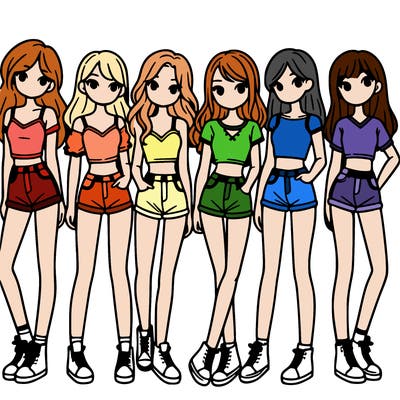 a group of girls wearing crop tops and shorts