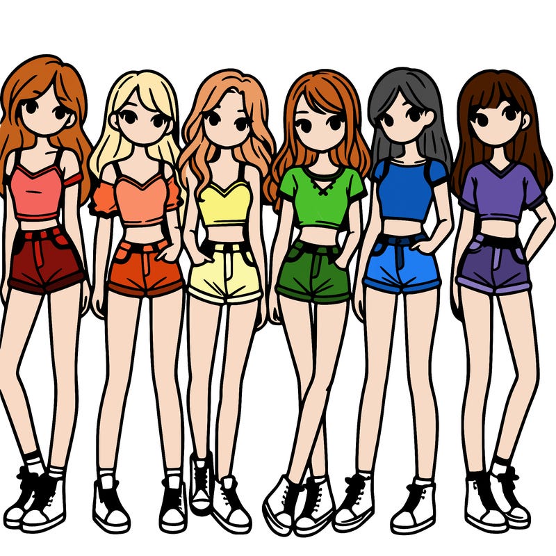 a group of girls wearing crop tops and shorts