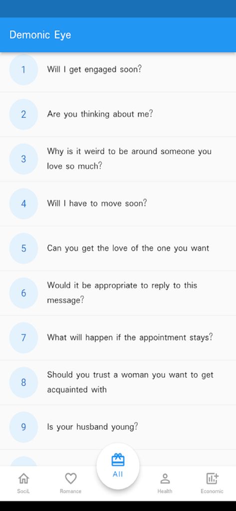 Myanmar Fortune - A numbered list of divination questions in the Myanmar Fortune app featuring categories like romance health and economics