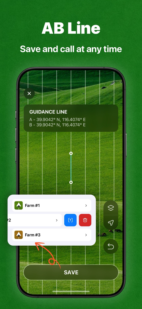 Tractor GPS Field Guidance PRO - Tractor GPS app interface showing AB line guidance for straight row farming with a list of saved farm locations.