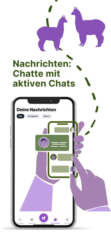 Alpaca Camping App - Alpaca Camping App messaging screen showing active chats and message filters for travelers and hosts.