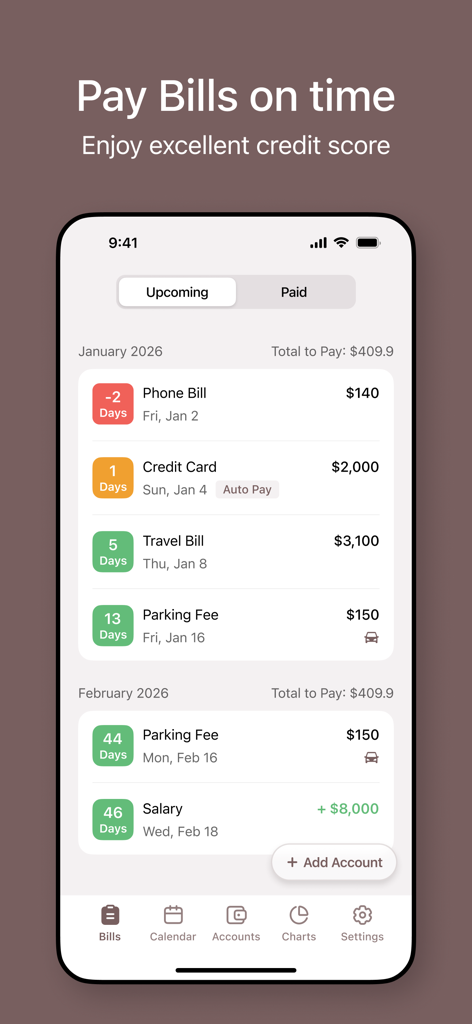 Bills Organizer App - A mobile phone screen showing the Bills Organizer App interface with a list of upcoming bills and payment deadlines for January and February.