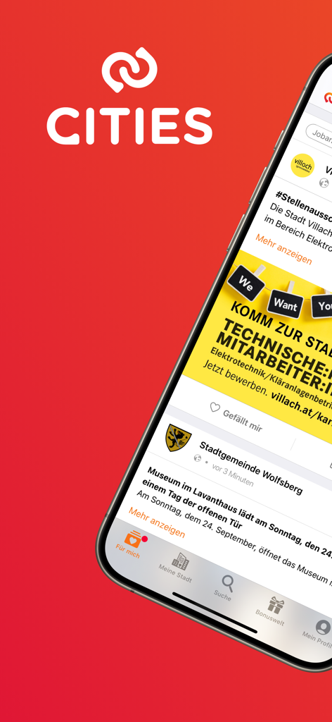 CITIES: Municipality App - CITIES app interface showing local municipality news and community updates on a smartphone