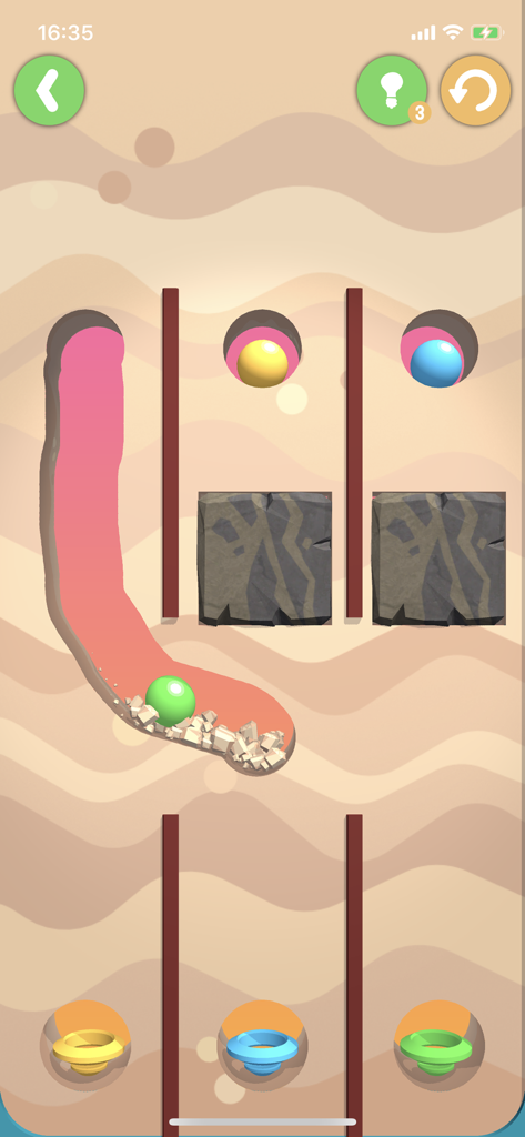 Dig This! - 緑のボールのために砂に道が掘られた物理ベースのパズル