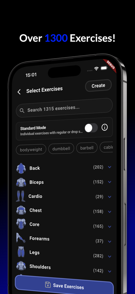 Pantalla de la biblioteca de ejercicios de la aplicación Gym Rank que muestra una lista buscable de más de 1300 ejercicios categorizados por grupos musculares como bíceps de espalda y pecho.