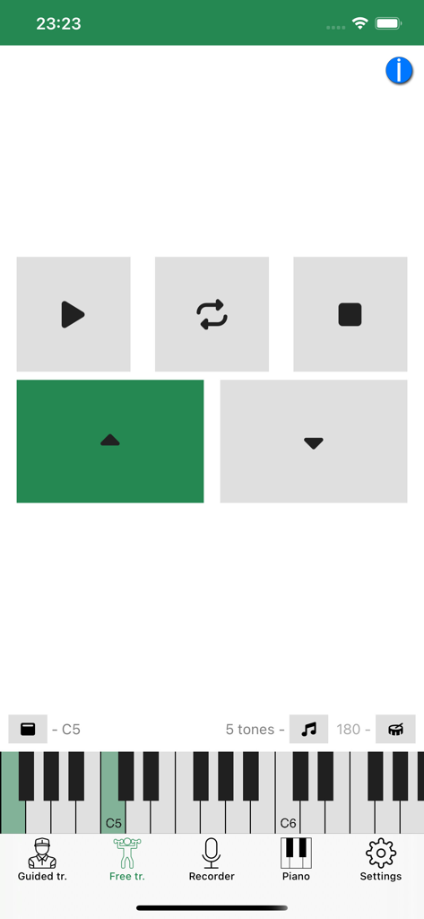 Vox Tools: Learn to Sing - Vox Tools vocal training interface with playback buttons and virtual piano