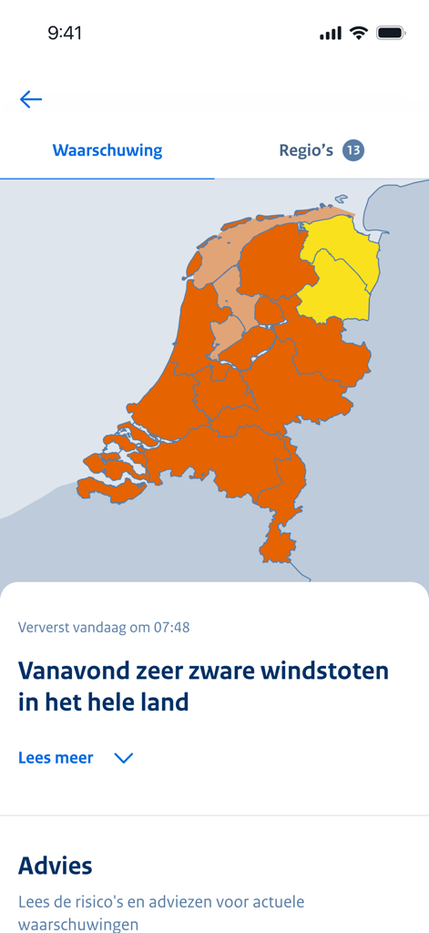 KNMI Weer app interface showing a weather warning map of the Netherlands with alerts for heavy wind gusts.