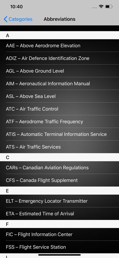 PSTAR Plus - Transport Canada - List of aviation abbreviations and definitions in the PSTAR Plus study app
