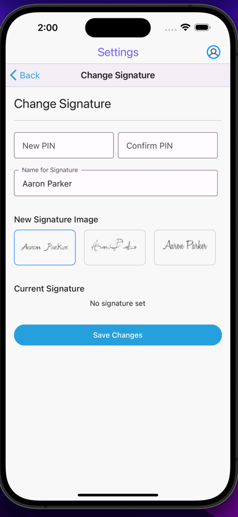 Change signature and PIN setup screen in the StaffReady app