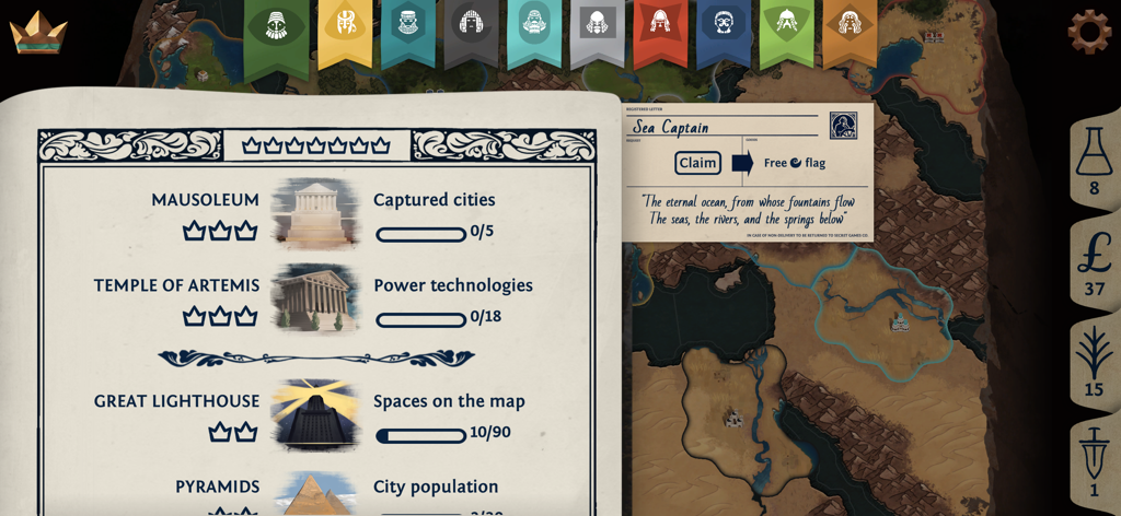 Ozymandias - Ozymandias game interface showing empire objectives for ancient wonders and a hand painted bronze age map