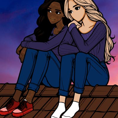 two realistic women sitting on a roof leaning on each other