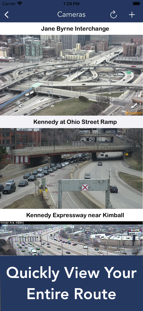 Interface of the Illinois 511 app displaying multiple live traffic camera feeds along a specific highway route.