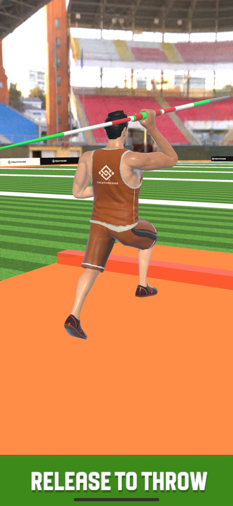 Javelin Clash: Spear Master - An athlete preparing to throw a javelin in a sports stadium with the text release to throw