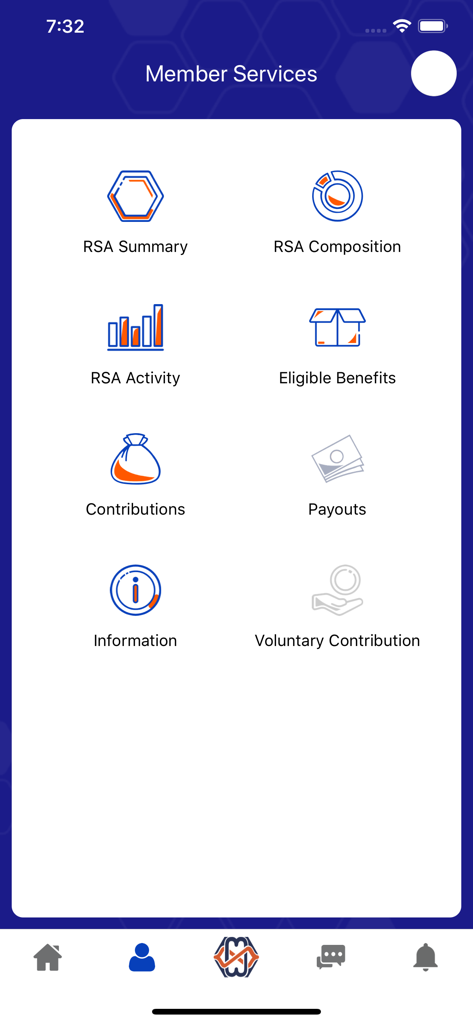 MPAO Mobile App - Dashboard of the Maldives Pension Administration Office app showing various member services like RSA summary and contributions.