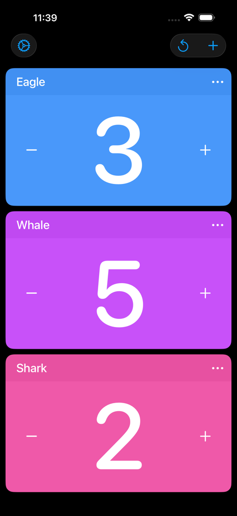 Point Counter - Scoreboard - Interfaz de la aplicación Point Counter mostrando puntuaciones para los equipos Eagle Whale y Shark