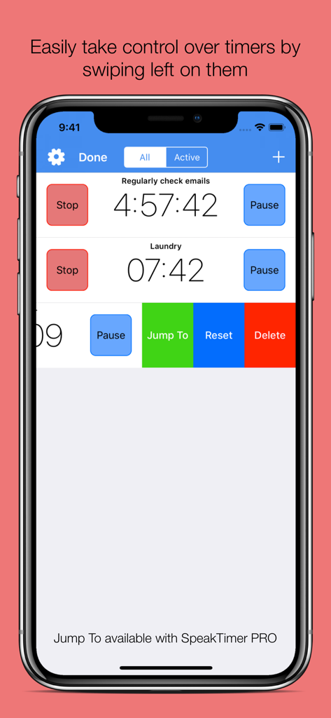SpeakTimer - Voice Alert Timer - Speaktimer app screenshot showing multiple active timers with swipe actions for quick management
