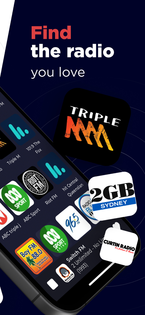 Australia Radio App Live DAB - Australia Radio App interface displaying various Australian radio station logos like Triple M and 2GB