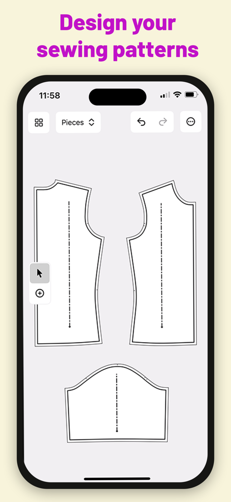 Mobile app interface showing digital sewing pattern pieces in DartSide Pattern Drafting