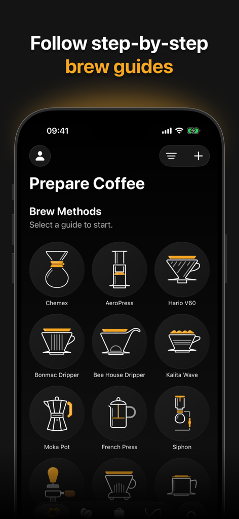 Filtru: Brew the best coffee - Selection of coffee brewing methods including Chemex and French Press in the Filtru app.