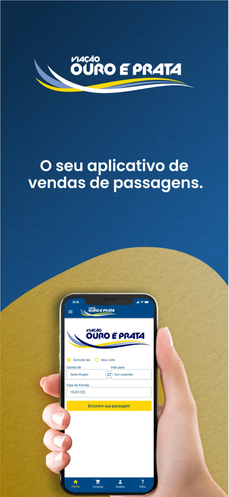 Une main tenant un smartphone affichant l'interface de recherche de billets de l'application Ouro e Prata